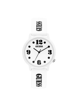 ساعة يد بيضاء تحمل شعار العلامة التجارية